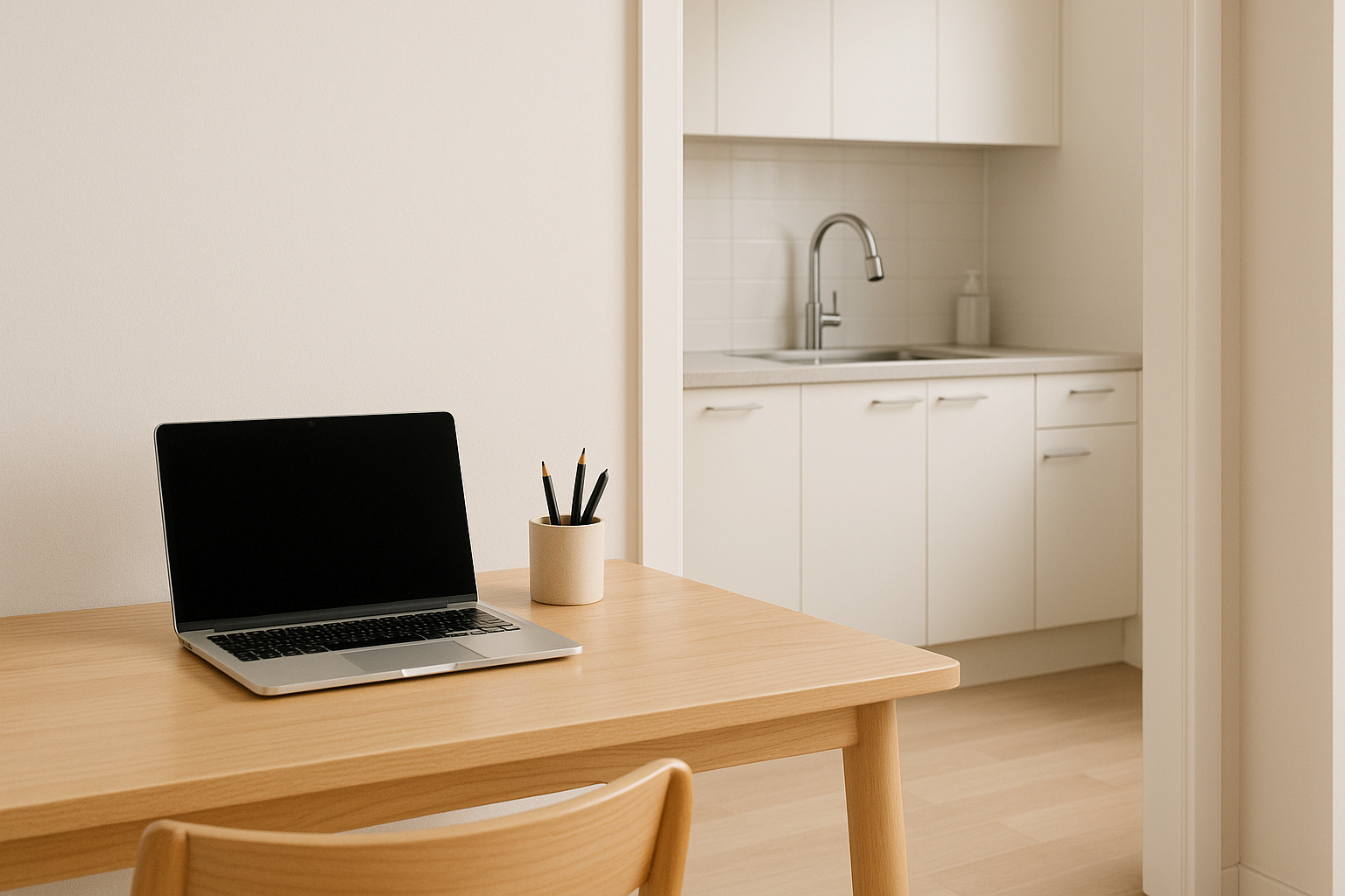 책상과 주방이 전날 저녁 깔끔히 정리된 모습