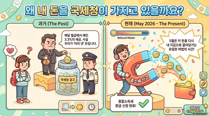 종합소득세 신고: 프리랜서가 매달 3.3% 원천징수로 미리 낸 세금을 5월 종합소득세 신고를 통해 환급받는 원리를 과거와 현재로 비교 설명하는 인포그래픽 이미지. 이 이미지는 3.3% 원천징수가 세금 선납이며 종소세 신고 시 차액을 돌려받을 수 있다는 정보를 시각적으로 전달하며&amp;#44; 블로그의 2026 종합소득세 홈택스 신고 방법과 관련된 내용을 설명함