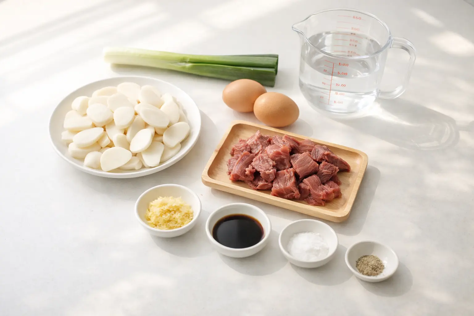 떡국떡과 소고기, 대파, 달걀 등 떡국 재료 플랫레이