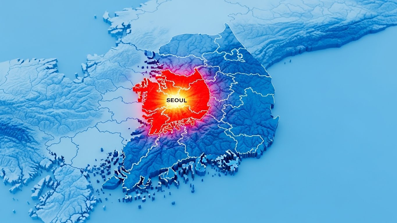 Map of South Korea with Seoul glowing in hot red indicating rising prices and other regions in cool blue, 3D topographic style, clear contrast