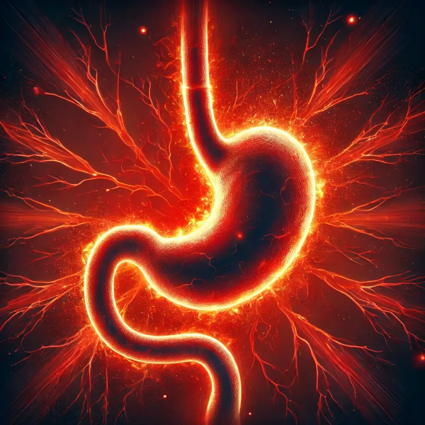 역류성 식도염의 주요 증상을 상징적으로 표현한 이미지 &ndash; 붉은 위장 부위와 불편함을 나타내는 오라