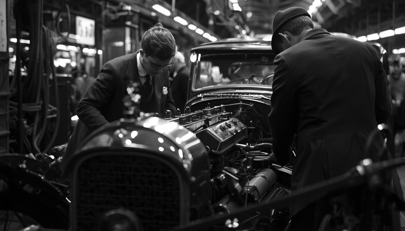 Historical black and white photo of 1920s German automotive workers assembling a vintage luxury car engine.