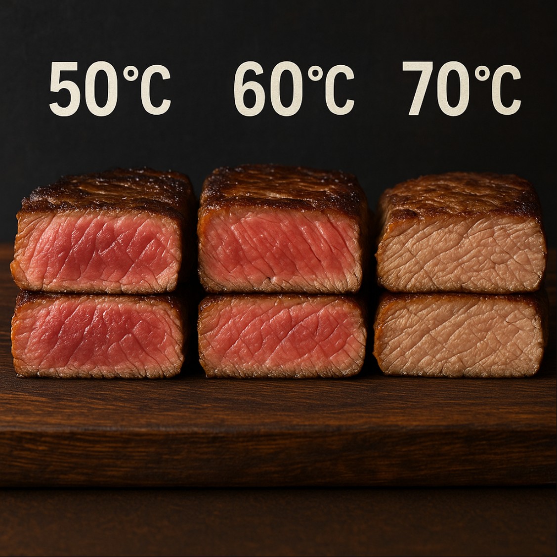 고기 굽기 온도 변화에 따른 스테이크 식감 단면 비교 이미지