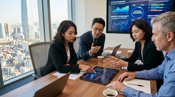 AI 윤리 프레임워크 토론중인 회의실 장면. 창밖에 잠실 롯데타워가 보인다.