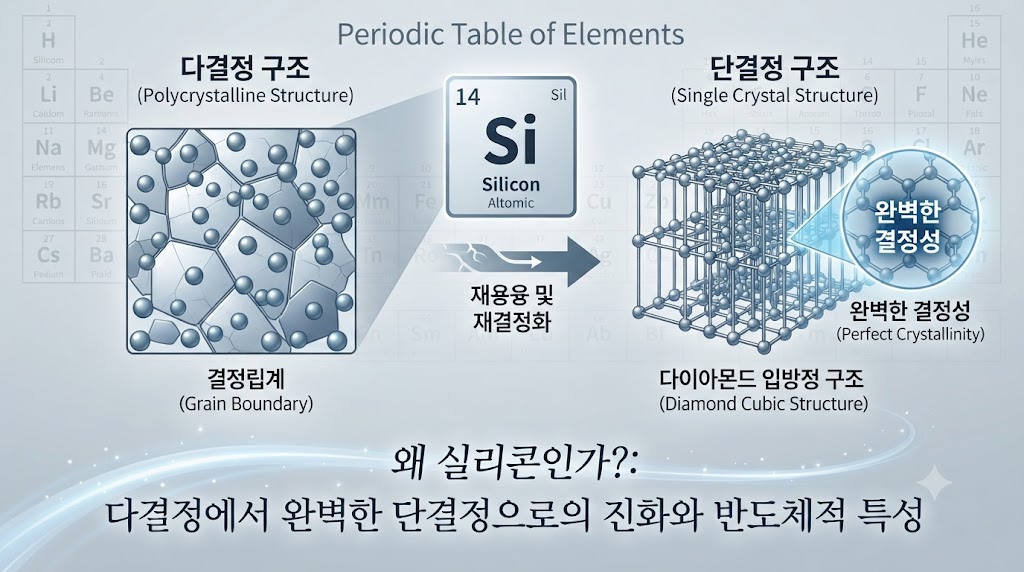 지구 지각에서 두 번째로 풍부한 원소인 실리콘(Silicon)이 반도체의 주원료가 된 세 가지 결정적 이유를 과학적 근거(전기 흐름 제어, 풍부한 매장량, 고온 내구성)를 통해 알아봅니다.