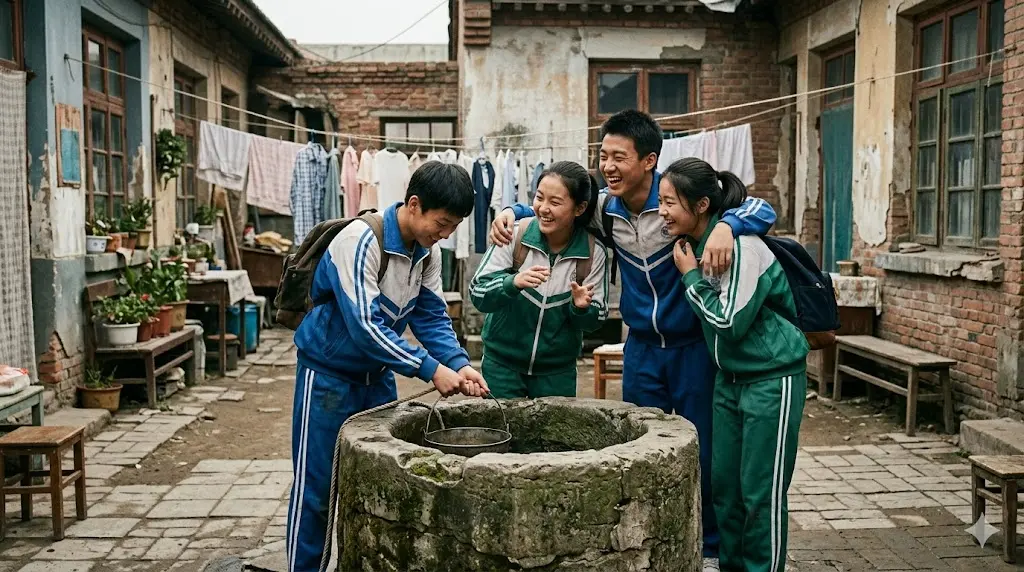 우물가의 아이들 도서 표지와 메인 키워드가 연상되는 교복 입은 십 대 아이들이 오래된 우물가에 모여 웃고 있는 모습