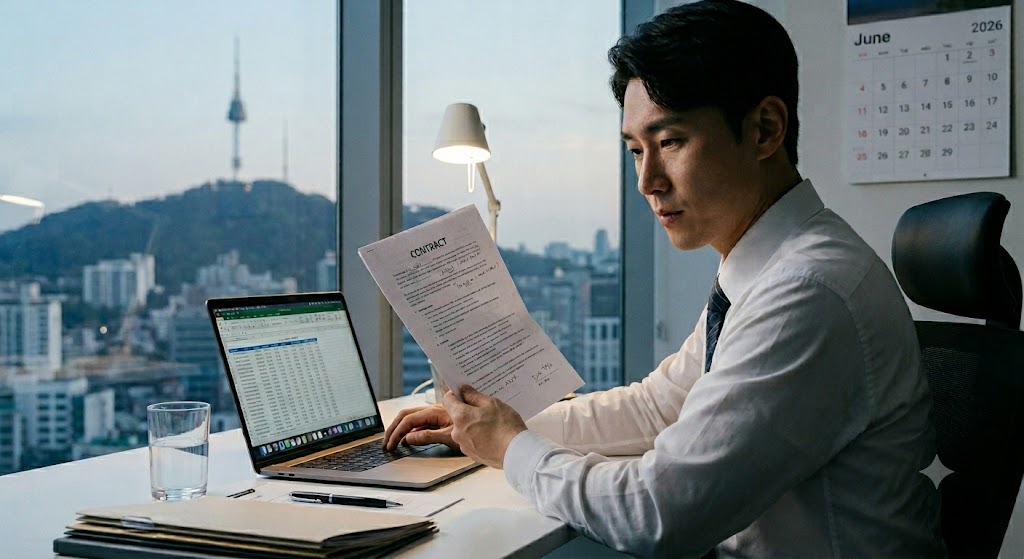 남산타워가 보이는 세련된 서울 오피스 창가 자리에서, 회색 정장 재킷을 입은 한국인 남성 직장인이 한 손에는 인쇄된 서류를 들고 다른 한 손으로는 노트북 화면을 진중한 표정으로 검토하고 있는 실사 사진. 배경 벽면에는 2026년 6월 달력이 걸려 있으며 전체적으로 신뢰감 있고 철두철미한 분위기임.