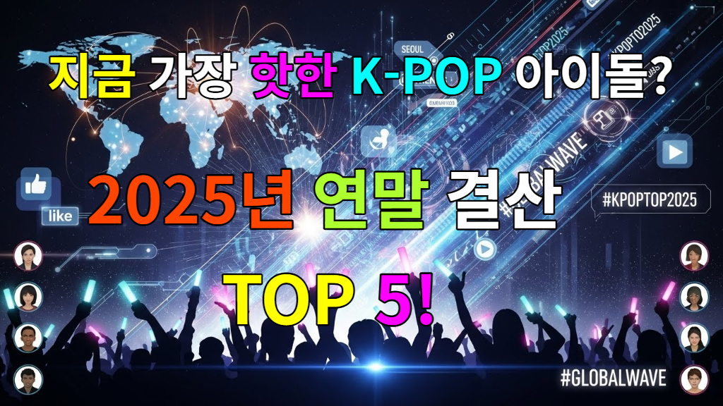 2025년 K-POP 연말 결산을 상징하는, 다양한 인기 아이돌 그룹과 솔로 아티스트들이 역동적으로 포즈를 취하고 있는 콜라주 이미지.