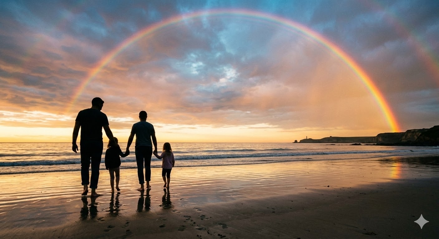 거친 파도가 지나간 뒤 무지개 뜬 바다를 보며 아이의 손을 잡고 든든하게 서 있는 아빠의 뒷모습