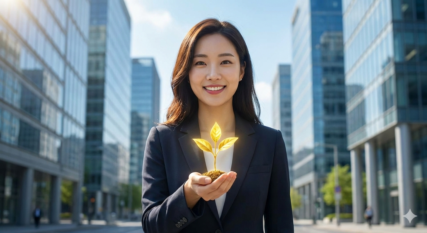 도심 금융가에서 ISA 계좌의 자산 성장을 상징하는 황금 묘목을 들고 있는 자신감 넘치는 여성