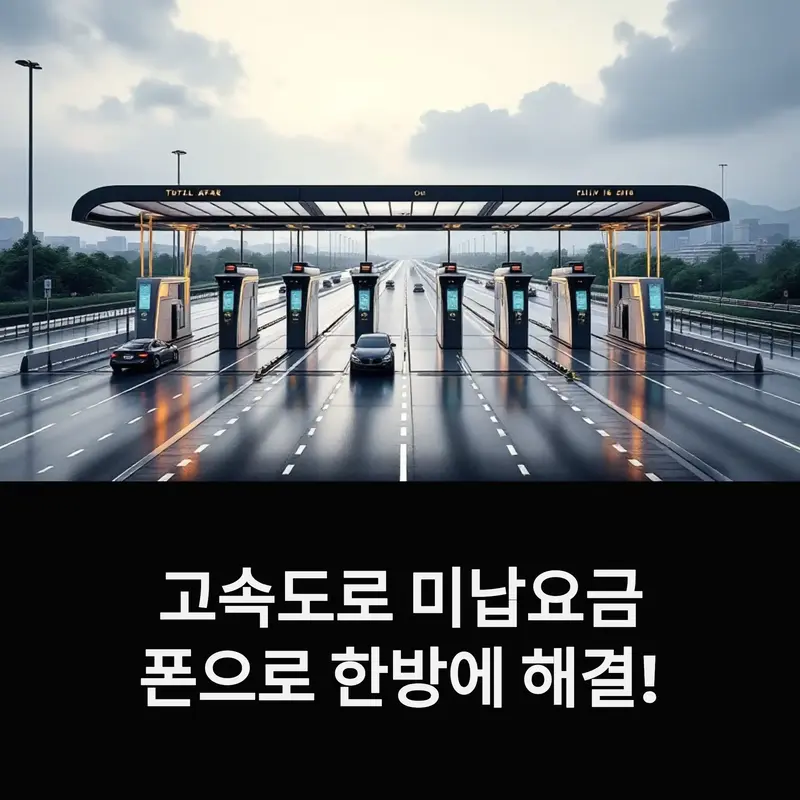 고속도로 톨게이트와 차량, '고속도로 미납요금 폰으로 한방에 해결!'이라는 문구가 들어간 모바일 납부 안내 대표 이미지