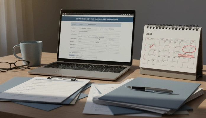 사업계획서, 재무제표 등 바우처 신청 서류들이 정돈된 책상 위에서 노트북으로 신청 과정을 준비하는 모습을 담은 이미지입니다.