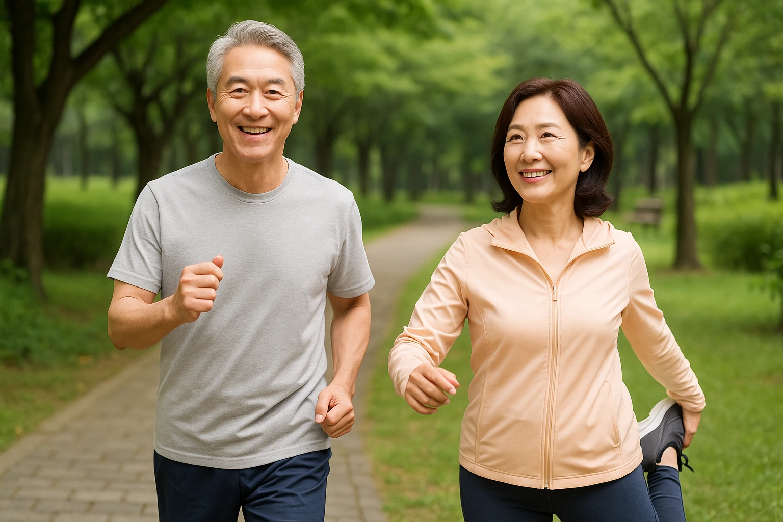 공원에서 운동하는 부부