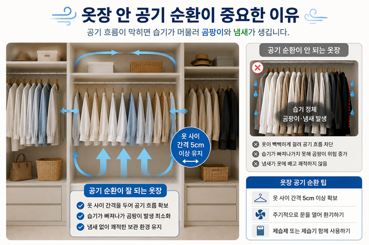 옷장 내부 공기 순환의 중요성을 설명하는 인포그래픽. 옷 사이 간격 5cm 이상 확보와 주기적인 환기를 통해 습기와 곰팡이를 예방하고 쾌적한 의류 보관 환경을 유지하는 방법을 보여줍니다.