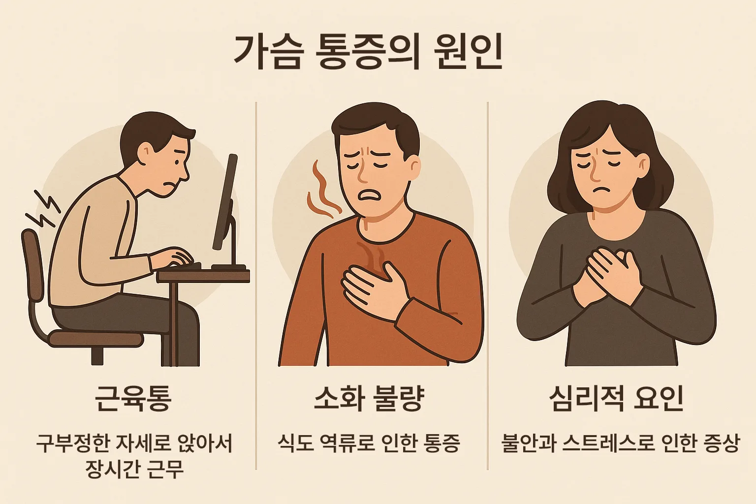 컴퓨터 앞에서 장시간 앉아 일하는 직장인의 구부정한 자세, 위식도 역류로 고통스러워하는 남성, 불안과 스트레스로 가슴을 부여잡는 여성, (근육통,소화불량,심리적 요인을 구분)