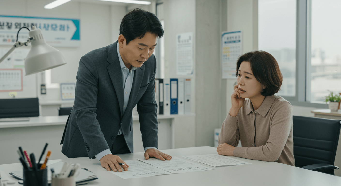 부모가 주민센터에서 환경보건이용권 사용 유의사항을 듣는 모습 1