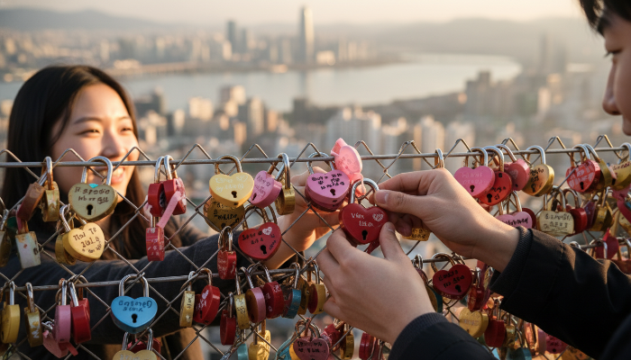 남산서울타워에 빼곡히 걸린 다채로운 사랑의 자물쇠들. 외국인 커플이 새로운 자물쇠를 걸며 사랑을 맹세하는 모습.