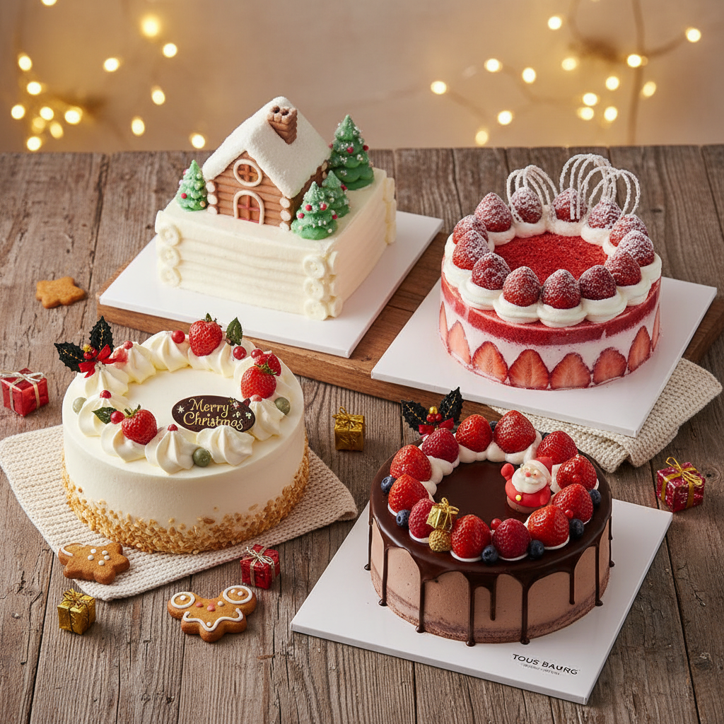 다양한 유명 브랜드의 신선한 생크림 크리스마스 케이크 대표 이미지를 모아 놓은 콜라주 또는 그리드