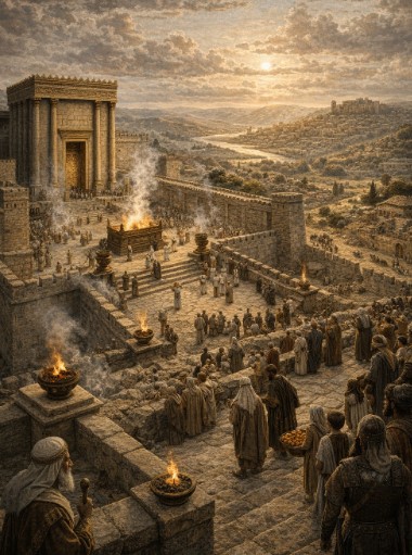 고대 예루살렘 성전과 이스라엘·유다 왕국의 종교적 중심을 묘사한 장면