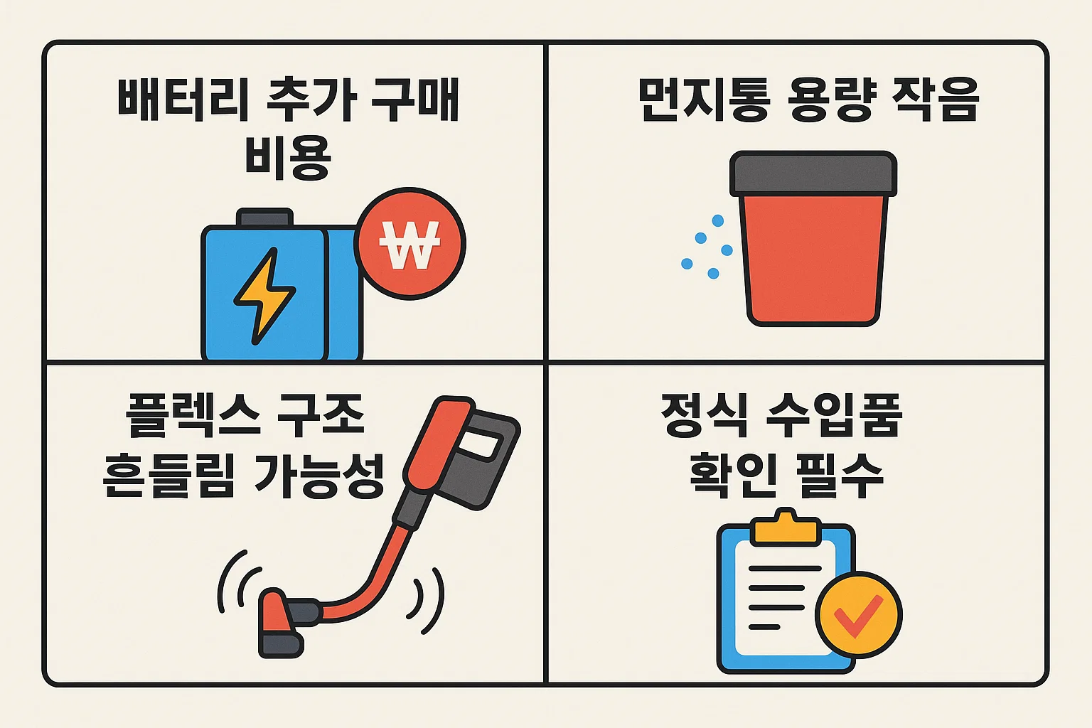 배터리 추가 구매 비용, 먼지통 용량, 수입품 확인 등 실사용자들이 주의해야 할 단점을 정리한 인포그래픽