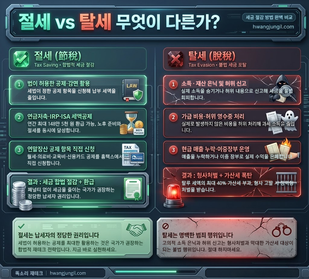 절세와 탈세의 차이 &ndash; 합법적 세금 절감 방법 설명 인포그래픽