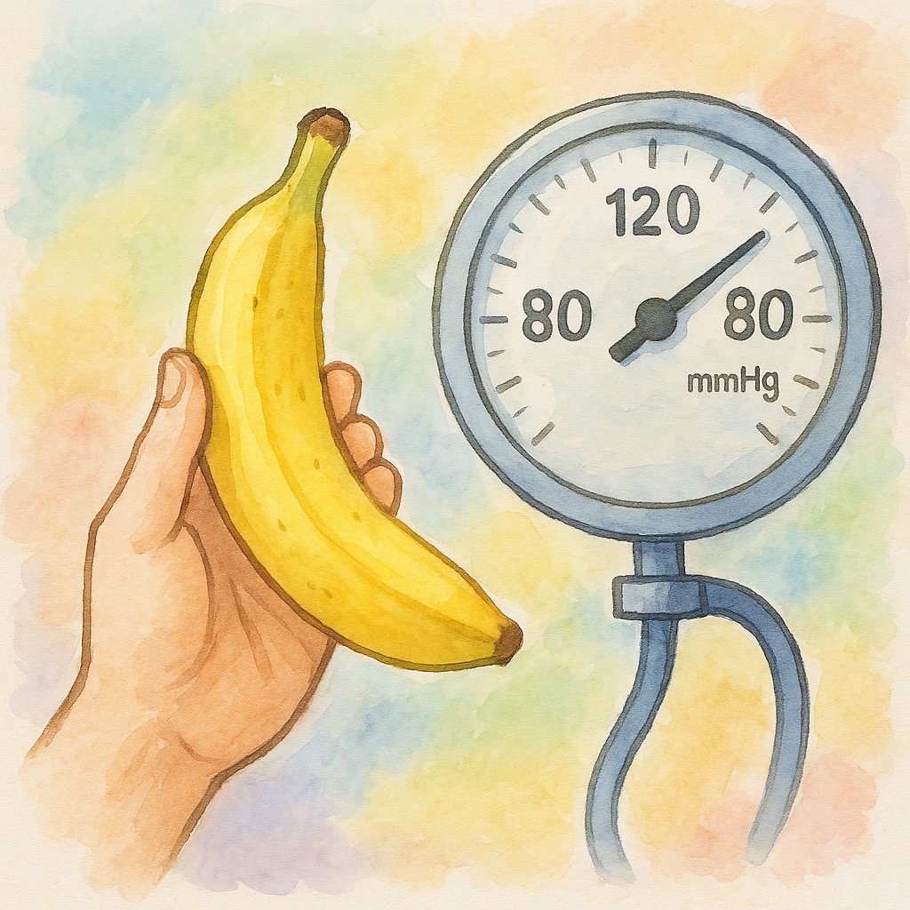 바나나를 쥔 손과 120/80 mmHg의 건강한 혈압을 나타내는 혈압계