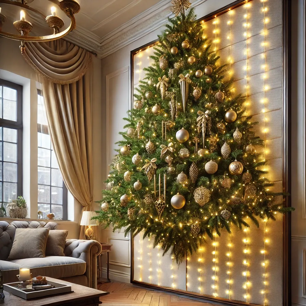 벽에 걸 수 있도록 디자인된 크리스마스 트리&amp;#44; 공간 절약형 디자인으로 세련된 장식과 조명이 돋보이는 아늑한 거실