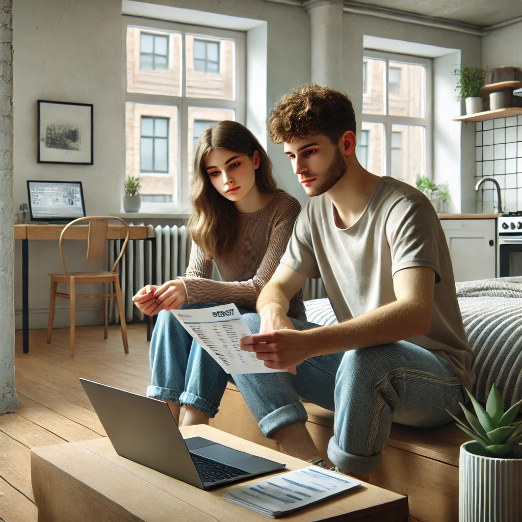 작은 원룸 문 앞에서 장을 본 후 방을 둘러보는 20대 청년의 모습