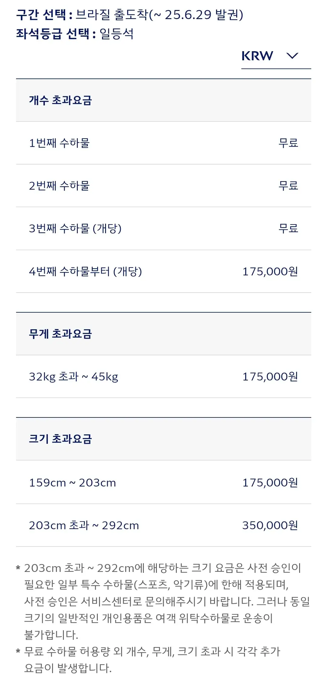 대한항공 브라질 출도착 구간(~25.6.29발권) 위탁수하물(초과수하물) 좌석등급별 개수, 무게, 크기 초과요금 안내