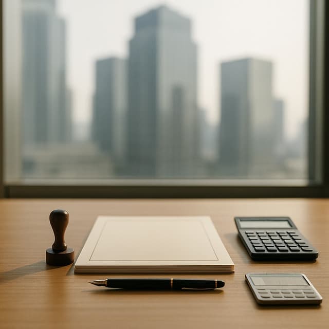 유리창 너머 고층 증권사 빌딩 실루엣을 배경으로, 테이블 위에 어음 서류 느낌의 무지 용지 묶음과 도장&middot;만년필&middot;얇은 계산기를 정갈하게 배치한 이미지