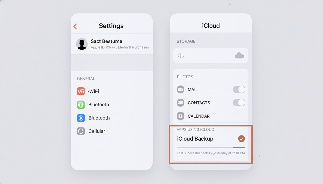아이폰 설정 앱에서 iCloud 백업을 진행하는 화면. 'iCloud 백업' 버튼과 백업이 진행 중임을 보여주는 시각적 요소가 강조되어 있다.