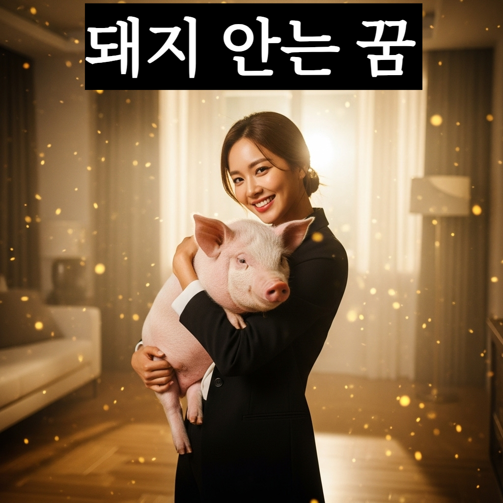 따뜻한 햇살이 비치는 거실에서 통통하고 깨끗한 분홍색 돼지를 품에 꼭 안고 행복해하는 현대적인 한국인 여성의 신비로운 일러스트