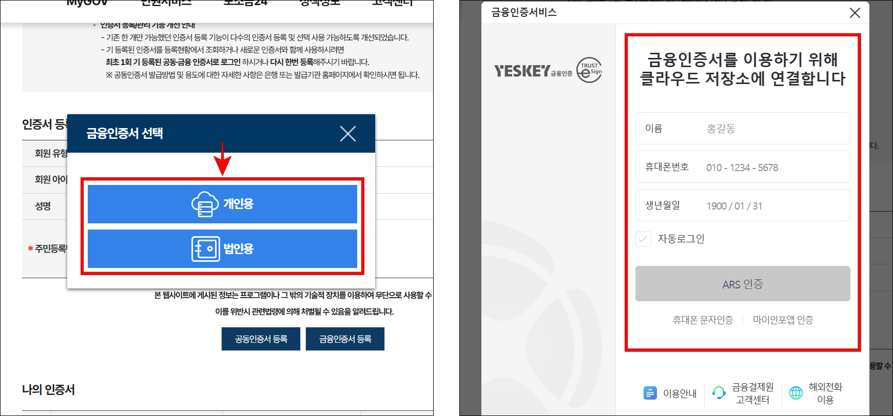 개인용과 법인용 중 등록할 금융인증서의 종류를 선택하고, 인증을 진행하여 클라우드 저장소에 연결을 진행