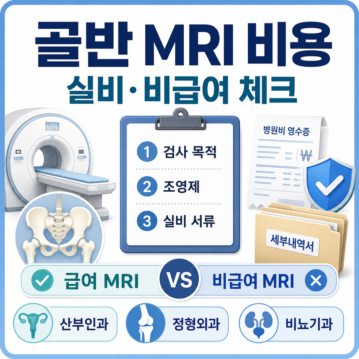 골반 MRI 비용과 실비 적용, 비급여, 조영제, 세부내역서 확인 항목을 정리한 카드형 대표 이미지