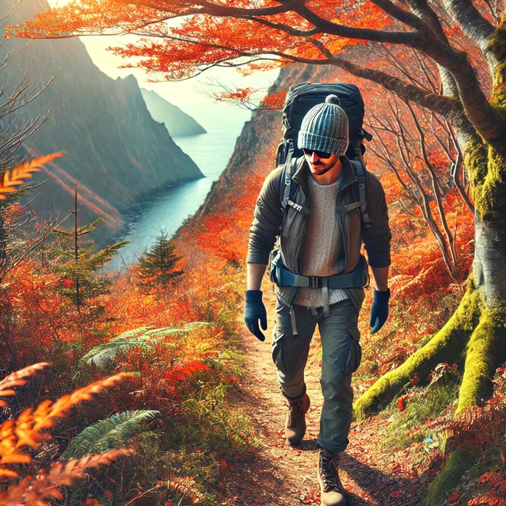 가을산 따뜻하게 하이킹하는 남자
