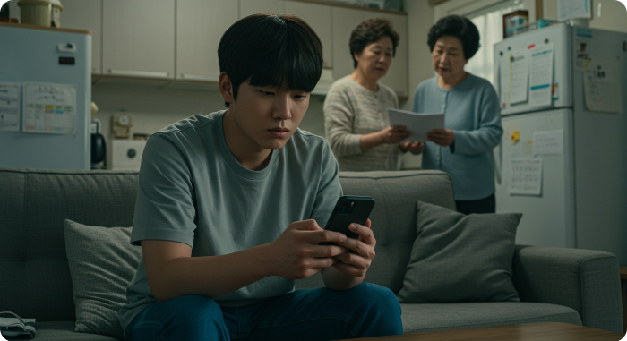 한국의_니트족_청년_소파에앉아_핸드폰을본다