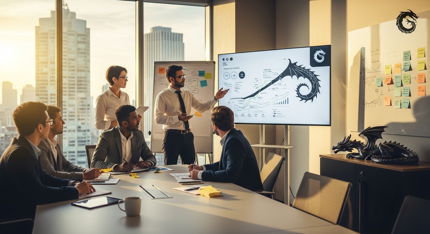 2026년 용띠의 직업운 상승을 암시하는, 활기찬 사무실에서 협력하며 아이디어를 나누는 직장인들의 모습.