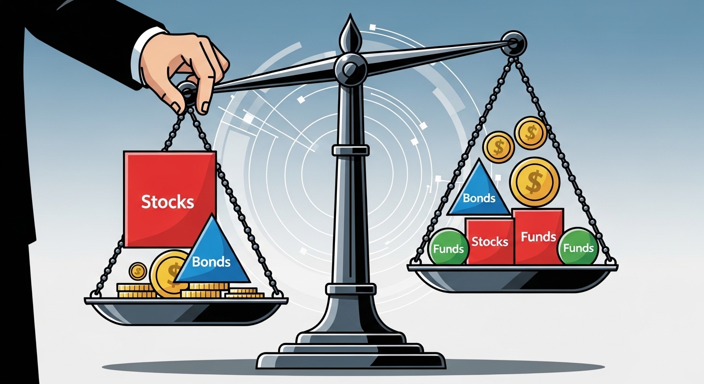 주식, 채권, 펀드 등 다양한 자산을 균형 있게 재조정하며 분산 투자하는 모습을 보여주는 역동적인 일러스트