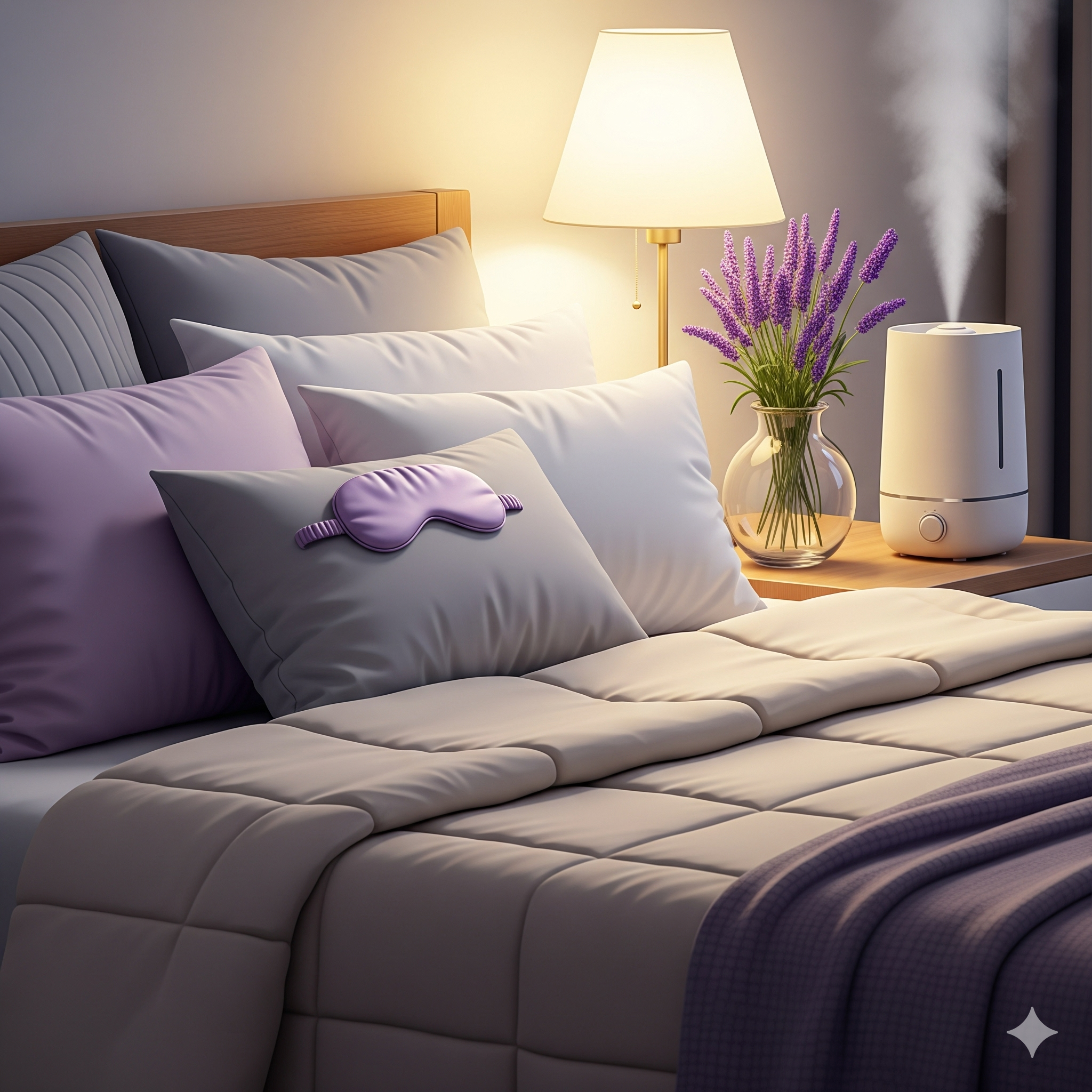 침실에는 은은한 조명과 라벤더, 숙면에 도움되는 아이템들