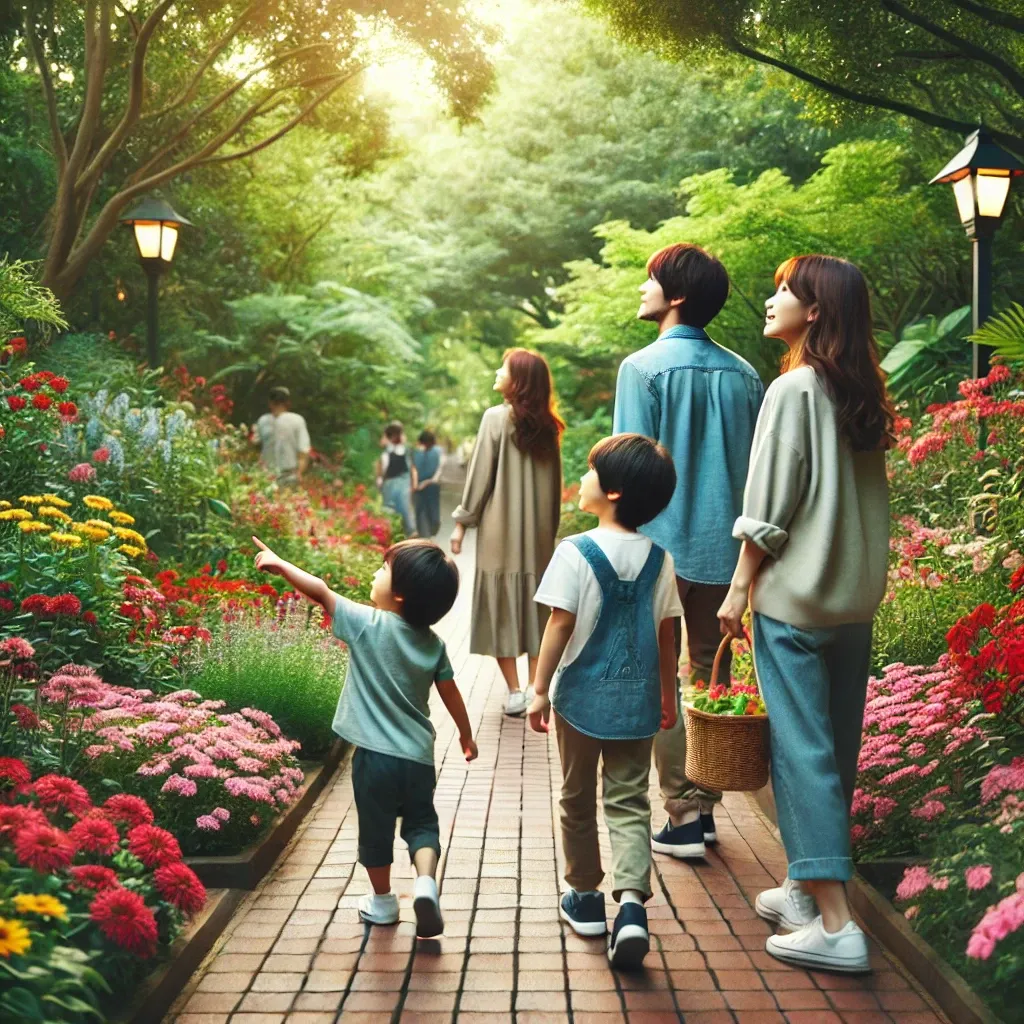 가족이 후쿠오카 식물원에서 아이들이 꽃을 가리키며 산책하는 모습.