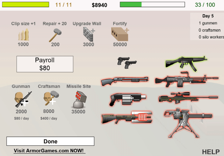 획득한-골드로-다양한-장비들을-업그레이드하는-화면