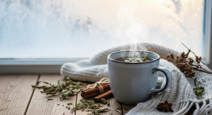 겨울 창가 테이블 위에 김이 모락모락 나는 따뜻한 허브티 머그잔과 주변에 놓인 시나몬 스틱, 말린 허브 잎