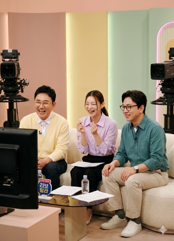 A highly detailed, photorealistic image of three Korean MCs in a brightly lit, modern pastel-toned TV studio, laughing and pointing at a monitor.