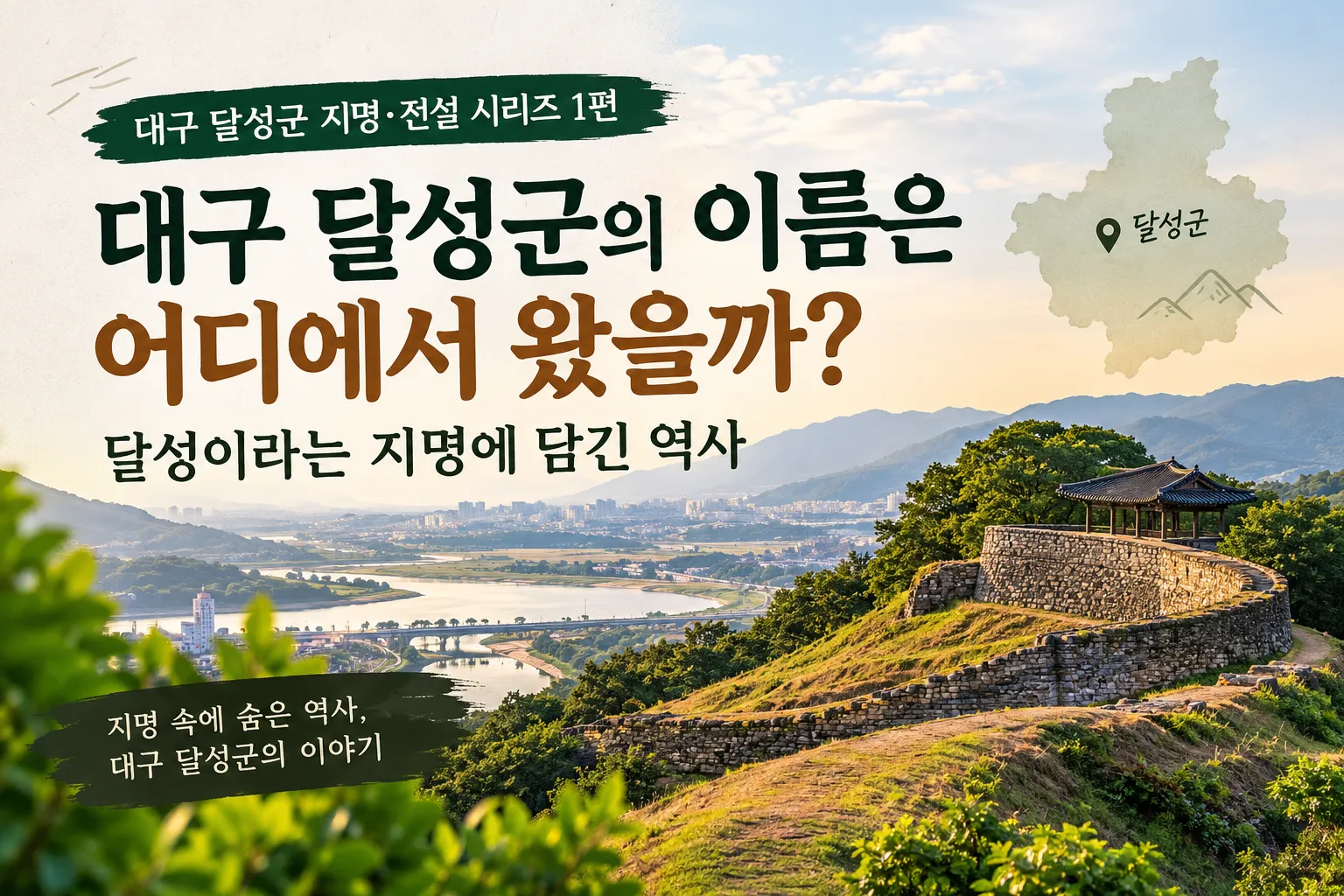 대구 달성군 지명 유래를 소개하는 썸네일 이미지로, 강과 산을 배경으로 한 전통 성곽과 달성군 위치 표시가 담겨 있습니다.