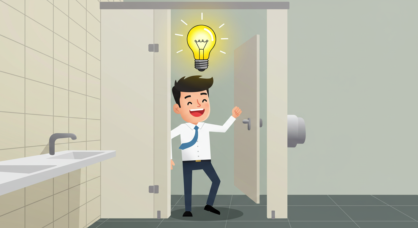화장실에서 갑자기 아이디어를 떠올리며 기뻐하는 장면