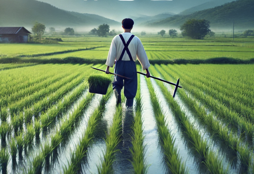 푸른 논에서 일하는 농부