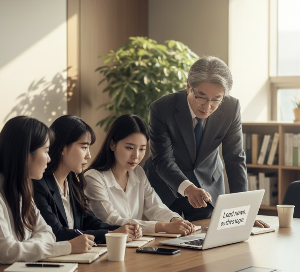 작성한 리드문을 함께 검토하는 교육 현장