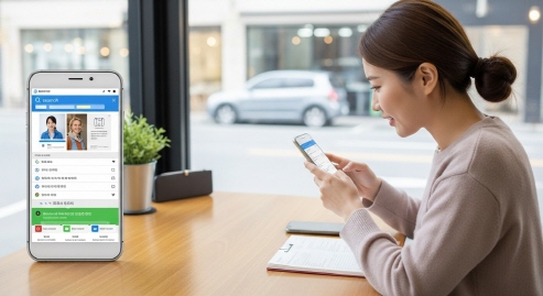 카페 테이블에서 앱을 검색하는 여성