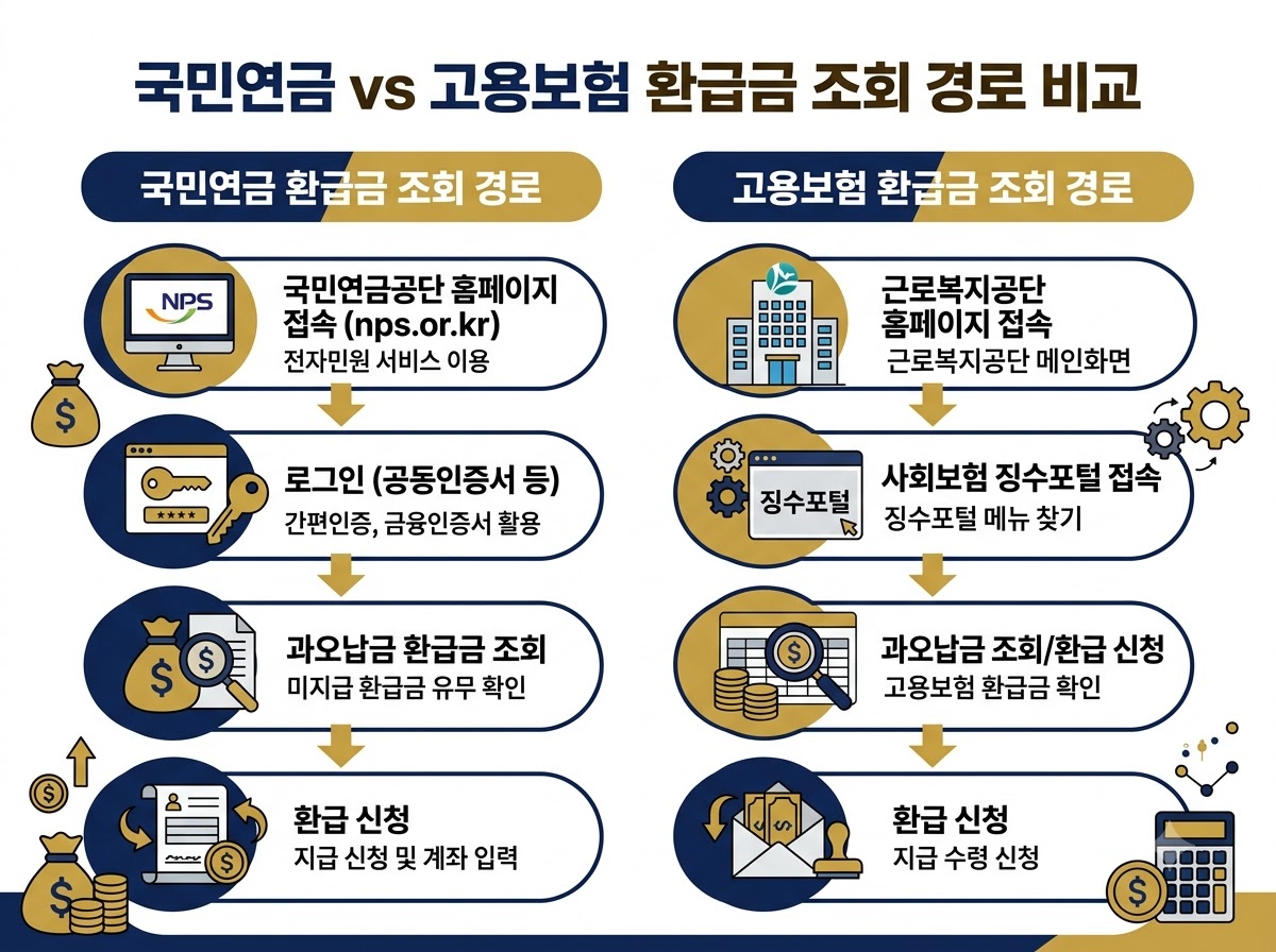 alt="국민연금 환급금과 고용보험 환급금 조회 경로 비교 인포그래픽"