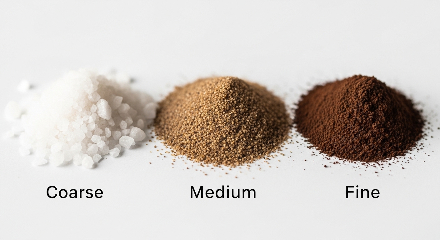 굵은, 중간, 얇은 세 가지 종류의 커피 원두 분쇄도를 비교하는 이미지.